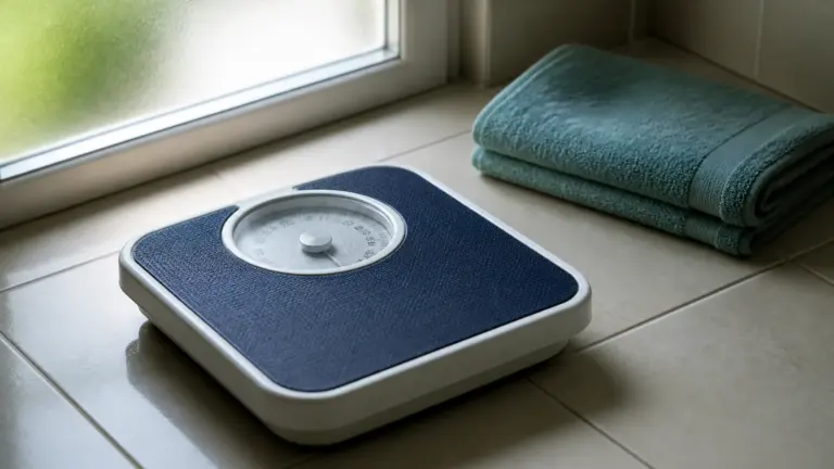 Plain analog bathroom scale on pale bathroom tiles beside a folded towel, early morning light through frosted glass