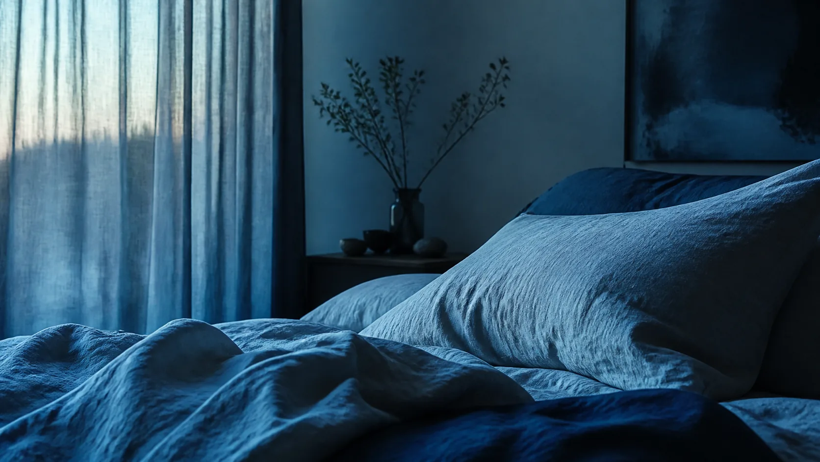 Photorealistic editorial hero image of an empty, softly rumpled linen bed in a cool, minimalist bedroom just before dawn
