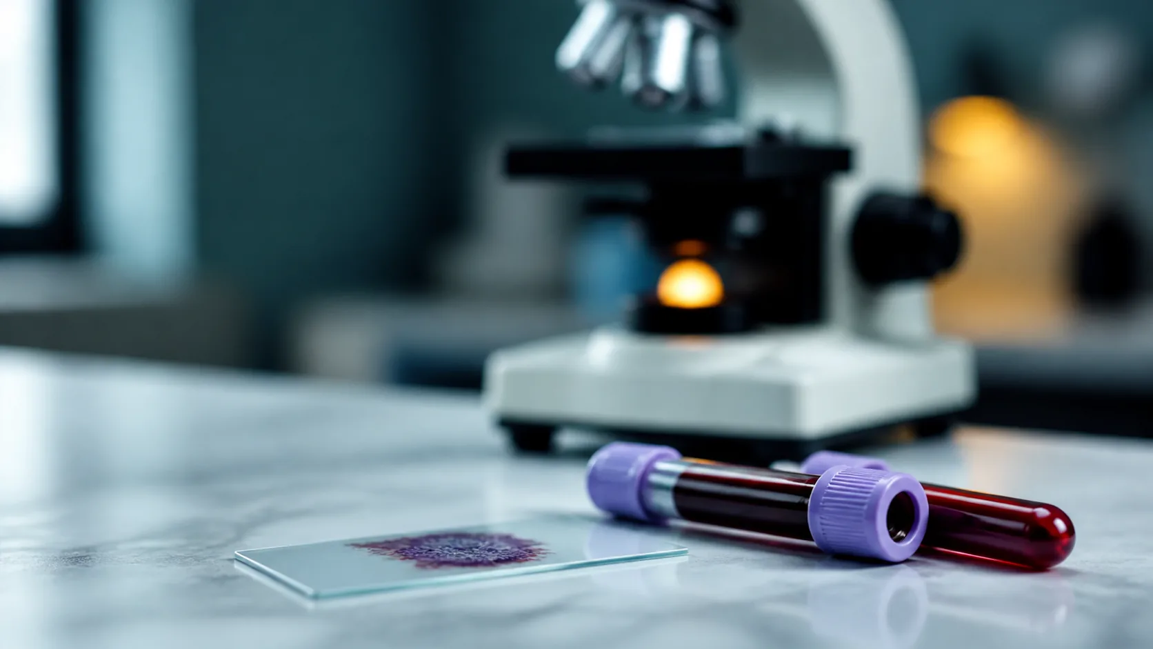 Two lavender-capped blood tubes beside a stained glass microscope slide on a laboratory bench