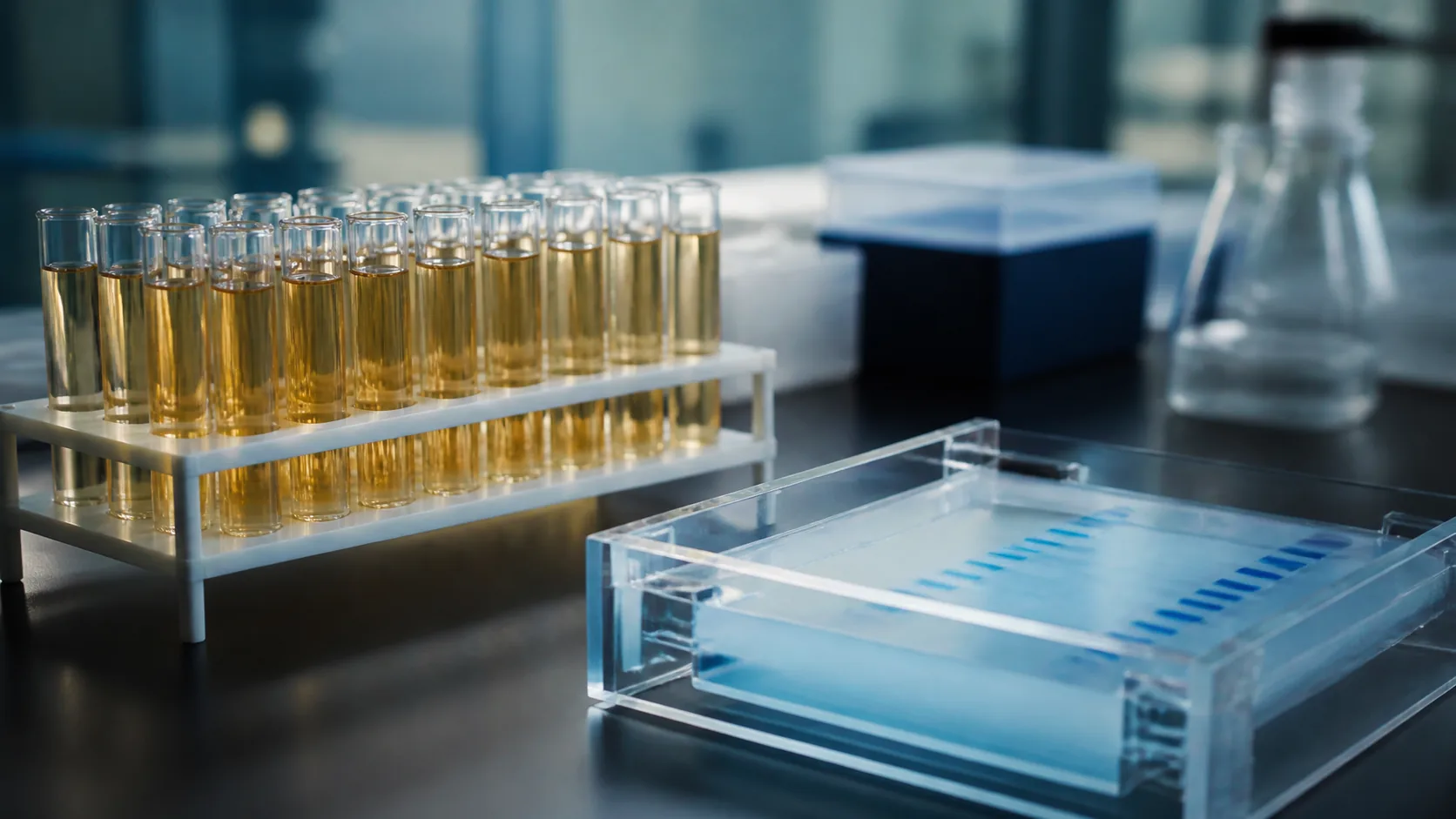 Rack of straw-colored serum tubes on a dark laboratory bench with a protein electrophoresis gel tray beside it, cool light