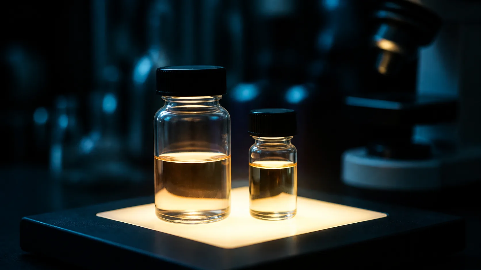 Two glass sample vials of different sizes standing side by side on a laboratory light box