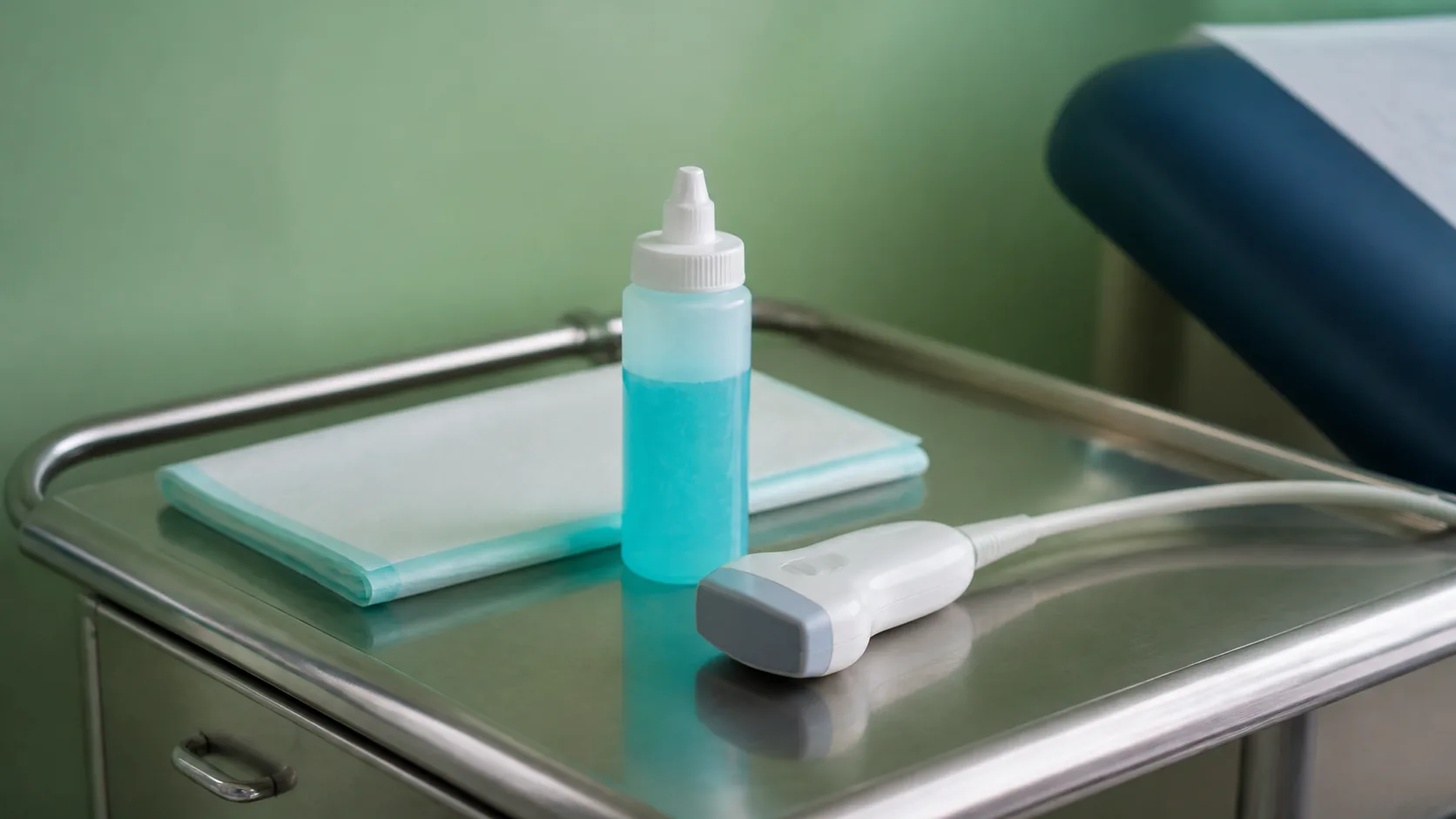 Small ultrasound probe and a bottle of coupling gel on a stainless clinic trolley beside a folded paper drape