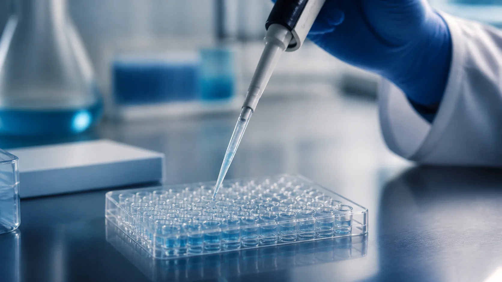Single-channel laboratory pipette dispensing a droplet into one well of a clear microplate, gloved hand cropped at the wrist