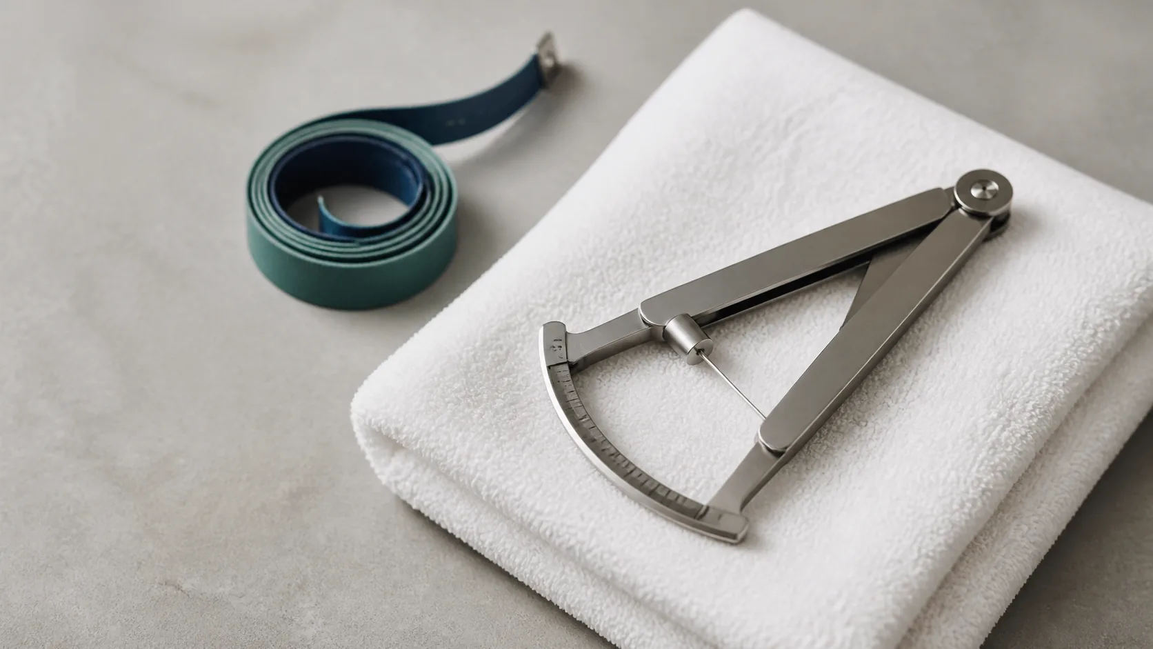 Stainless steel skinfold caliper lying open on a folded white towel beside a coiled cloth tape measure