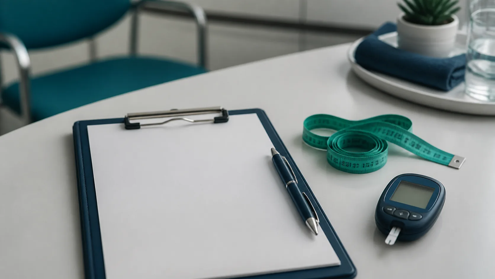 Clipboard holding a blank paper questionnaire with a pen clipped to it