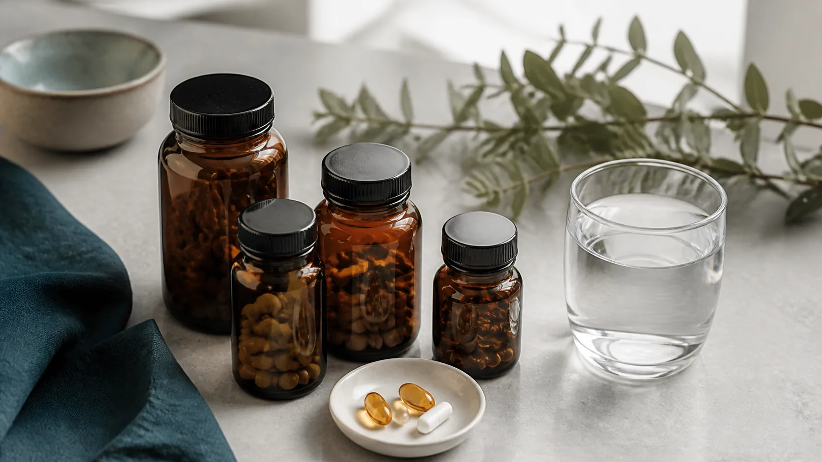 Photoreal editorial overhead still life of four amber glass supplement bottles and a small white ceramic dish holding a fe...