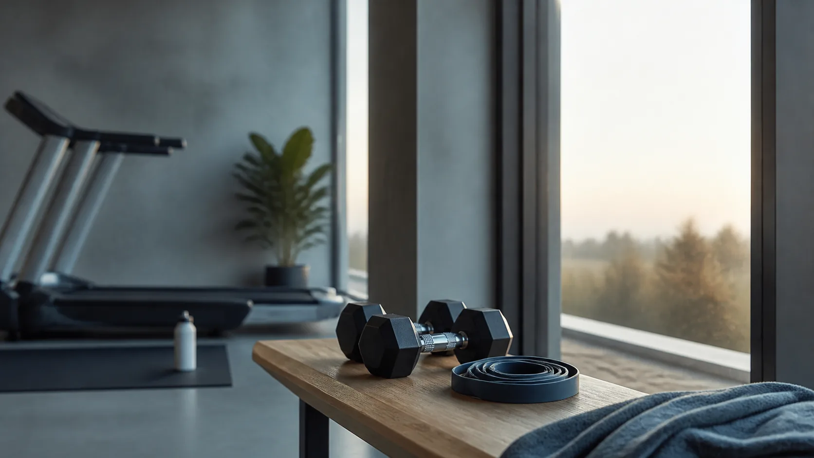 Photoreal editorial hero image of an empty gym-lit training space at dawn beside a wide window