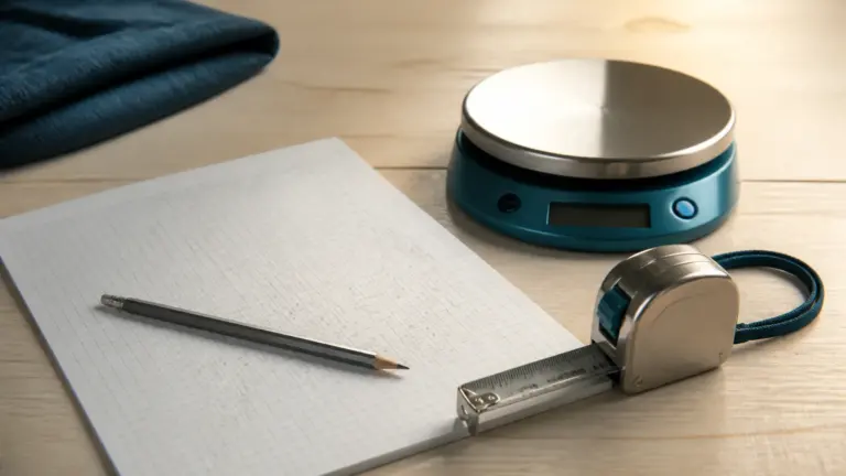 Pencil resting on a sheet of graph paper covered in neat handwritten arithmetic beside a steel measuring tape and a small ...