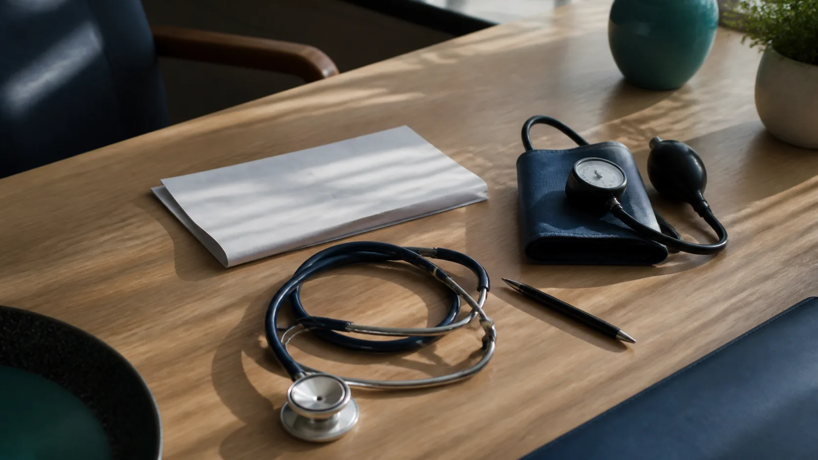 General practitioner's consulting desk seen from above: a stethoscope coiled beside a folded paper record