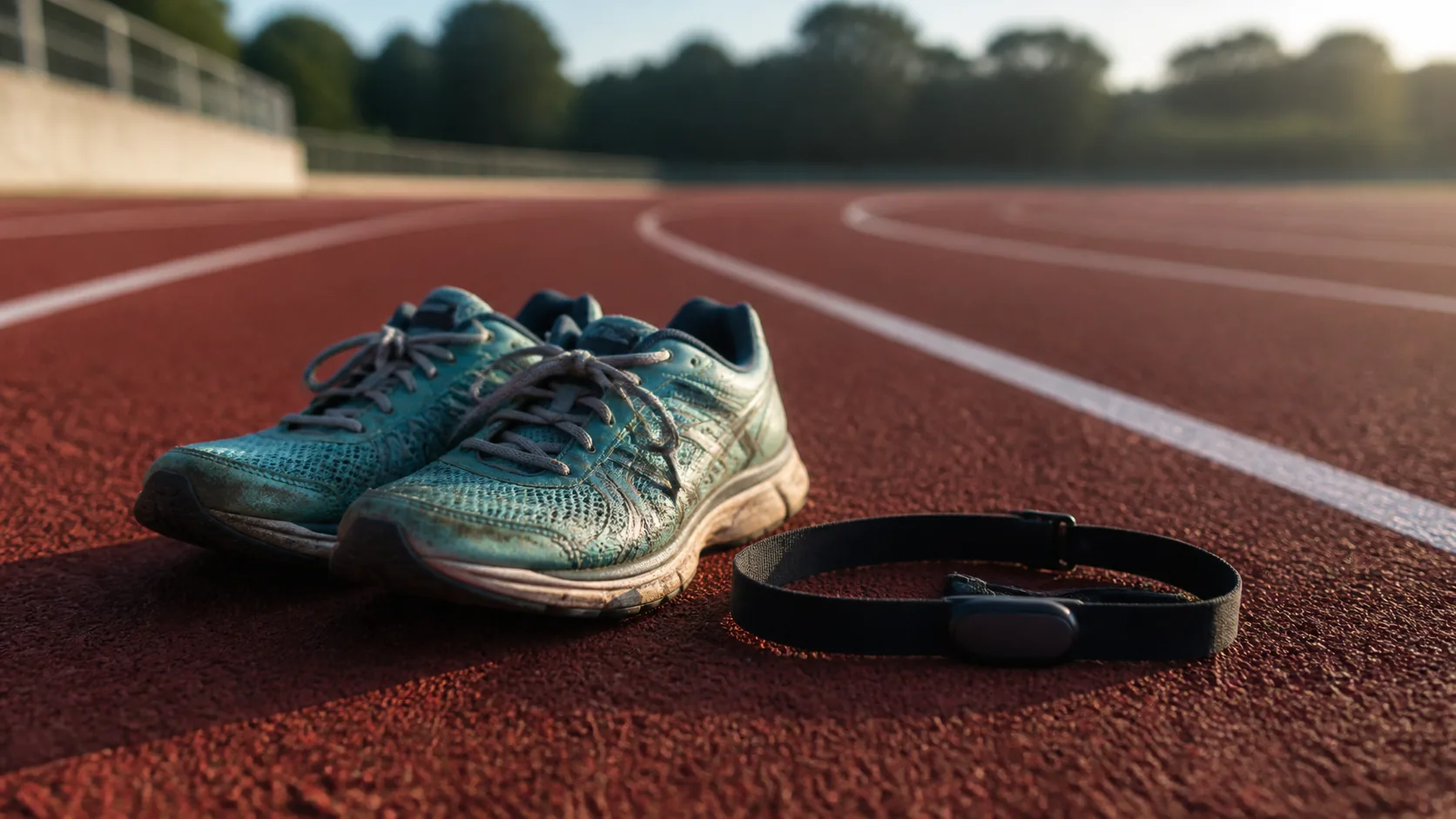 Pair of worn running shoes and a chest heart-rate strap laid on the red rubber surface of an outdoor running track