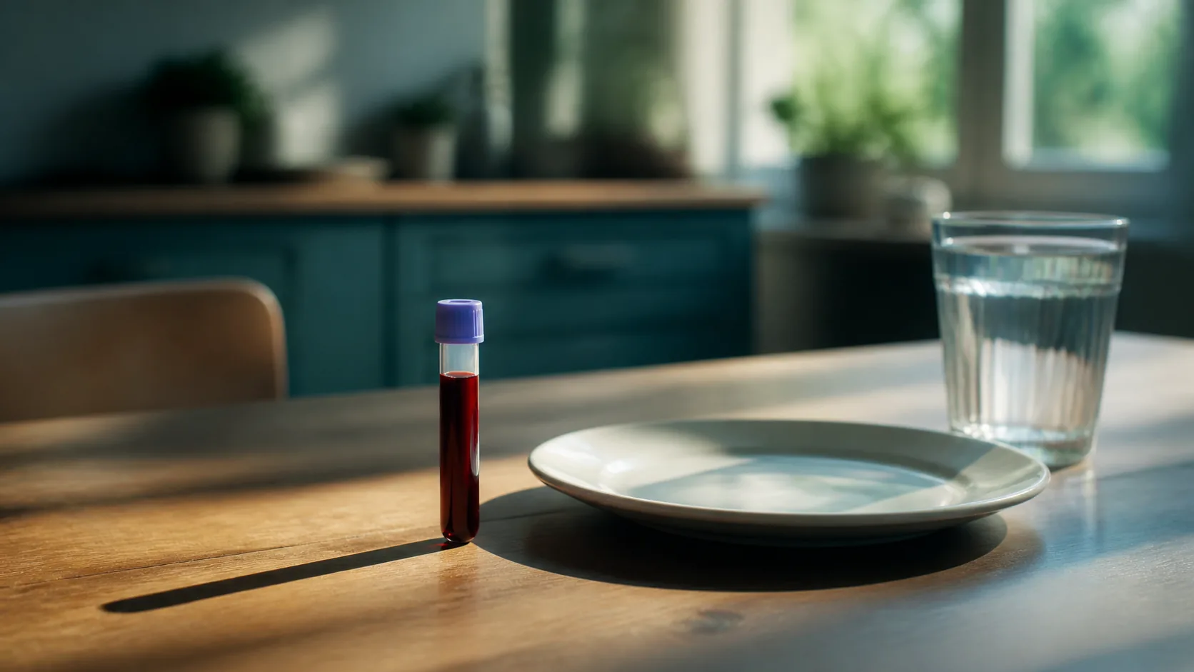 Single fasting blood tube standing in morning light on a kitchen table beside an empty white breakfast plate and an untouc...