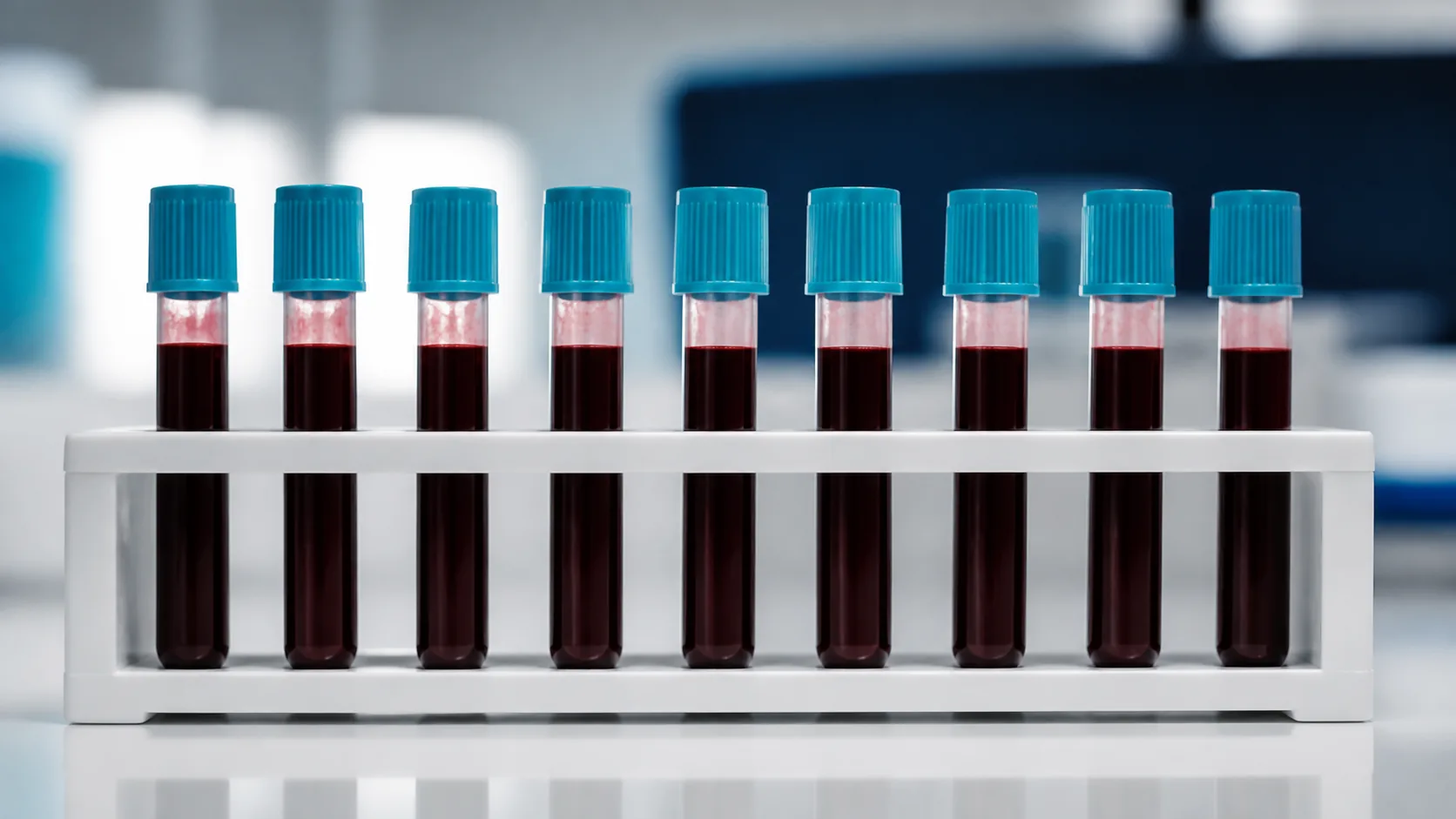 Nine capped blood collection tubes standing in a neat single row in a white laboratory rack