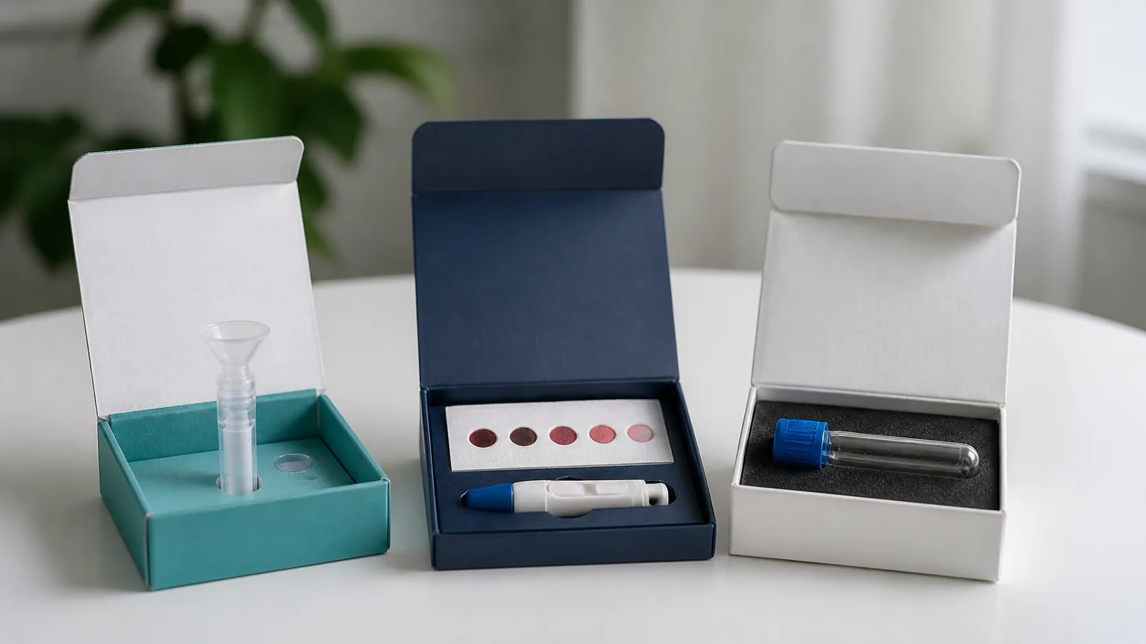 Three different home test kits opened side by side on a white table: a saliva collection tube