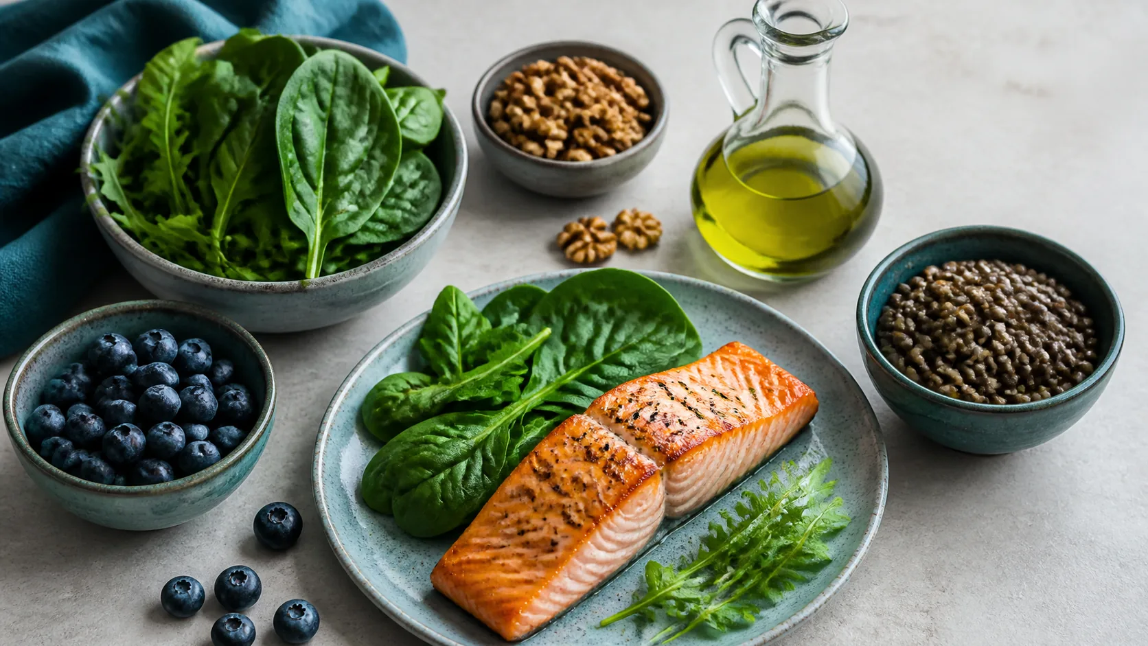 Photoreal overhead editorial still life on a pale stone counter showing a fillet of grilled salmon, a bowl of blueberries