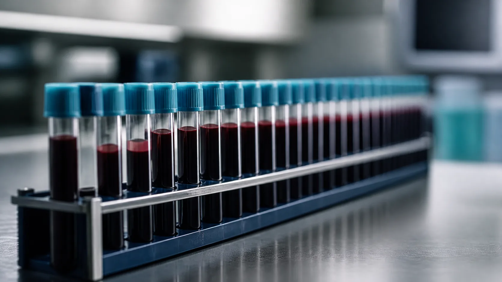 Long laboratory rack filled with two dozen capped blood tubes seen at a low angle down the row, stainless bench