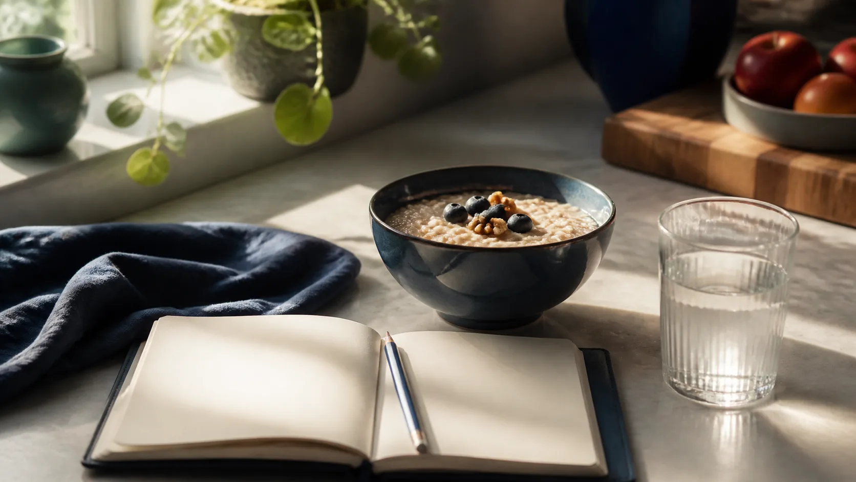 Kitchen counter at breakfast time: a bowl of oats, a glass of water and a small food diary lying open with a pencil across it