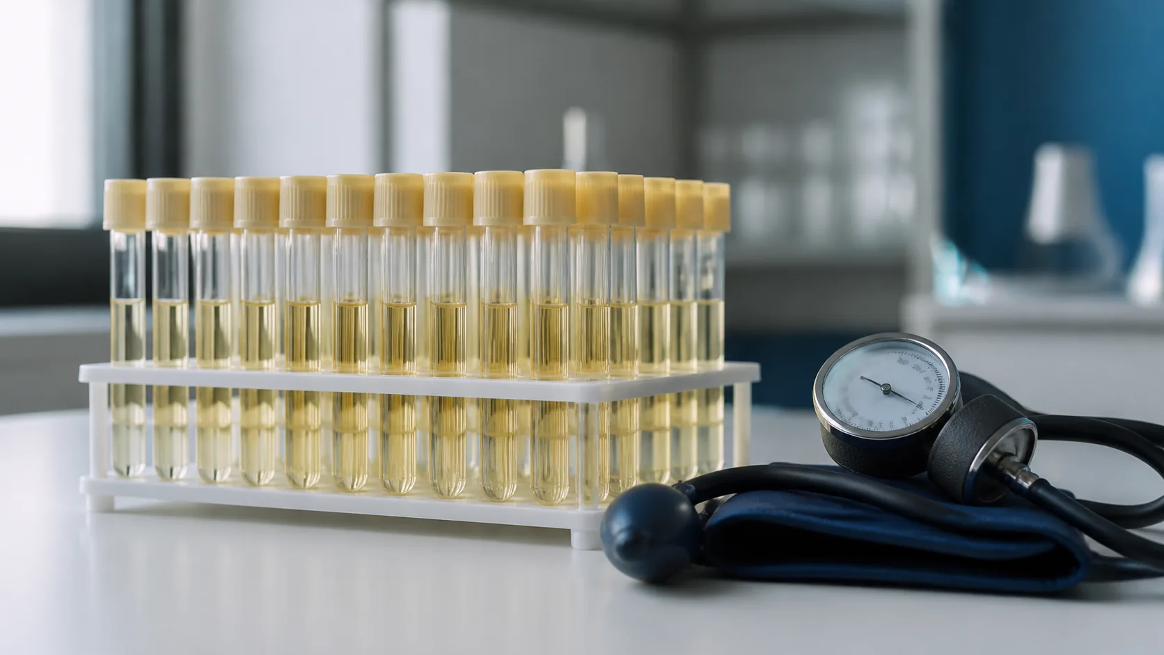 Rack of straw-colored serum tubes on a laboratory bench with an aneroid sphygmomanometer dial lying beside it