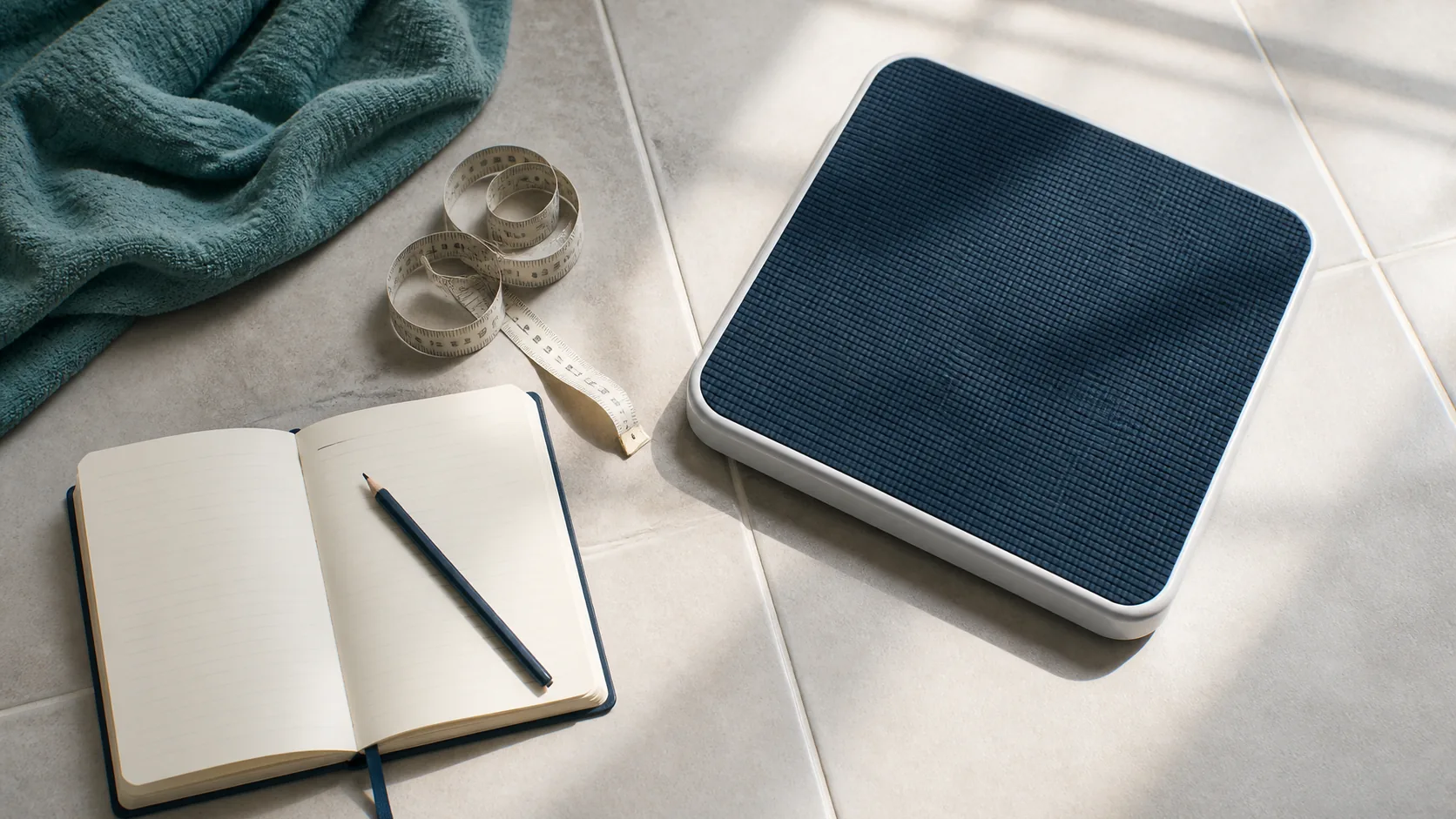 Cloth tape measure, a plain bathroom scale and an open notebook with a pencil arranged on pale bathroom tiles, top-down