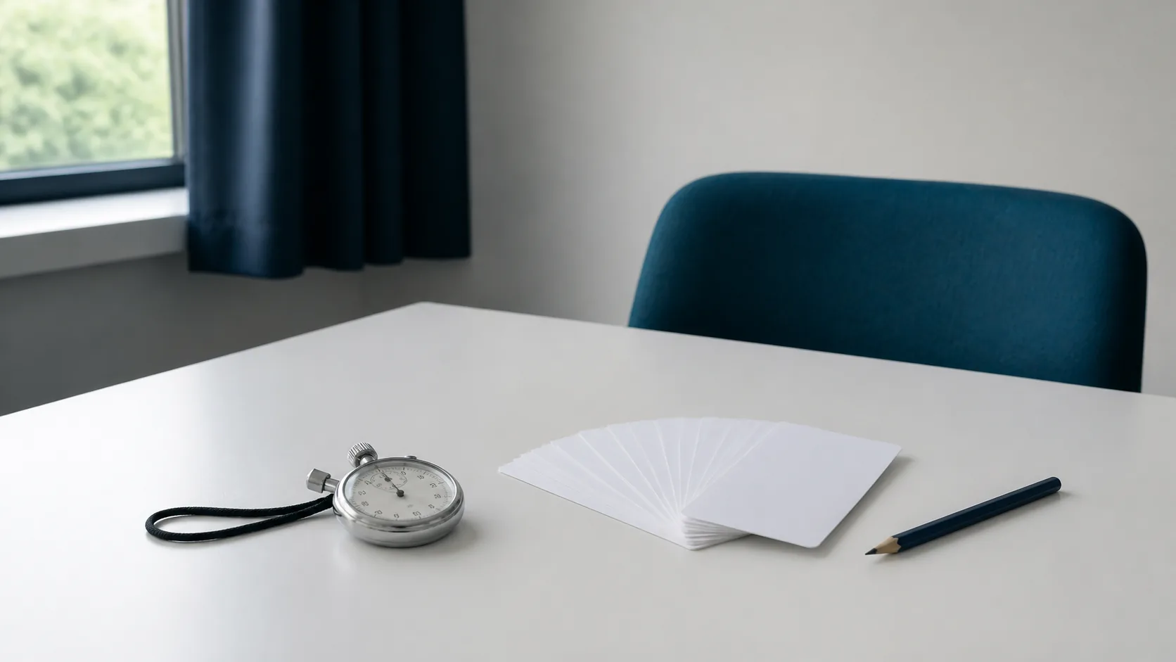 Neutral testing room table with a mechanical stopwatch, a stack of blank white cards fanned face down and a sharpened pencil