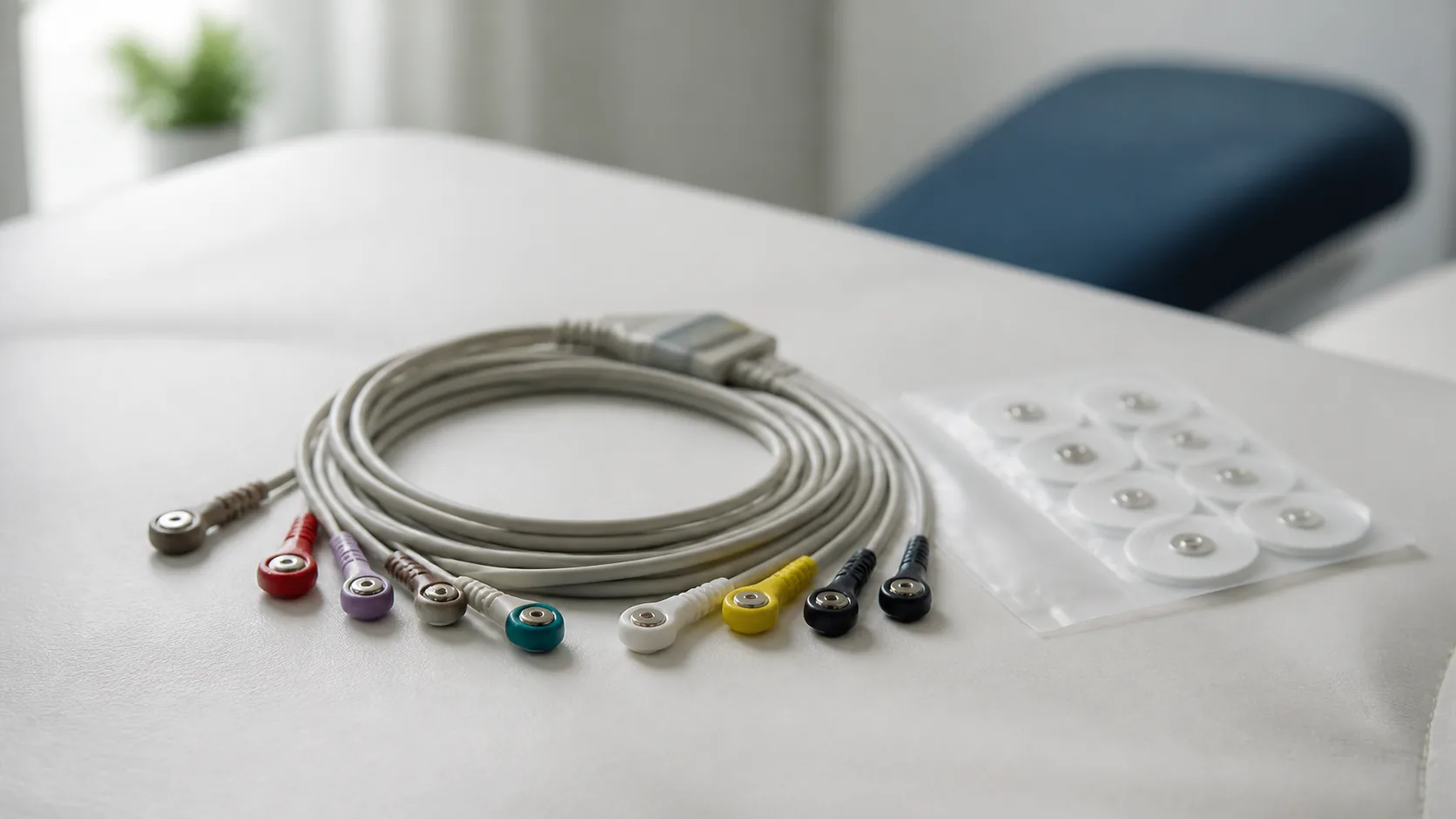 Set of twelve ECG electrode leads with colored clips