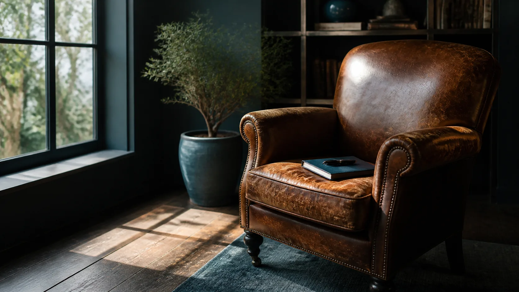 Worn leather armchair beside a tall window with a closed notebook and a pen on the seat cushion