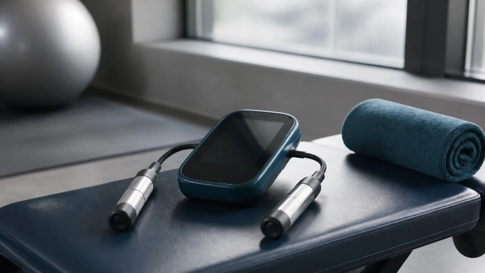 Handheld bioimpedance body composition analyzer with two grip handles resting on a fitness studio bench beside a rolled towel