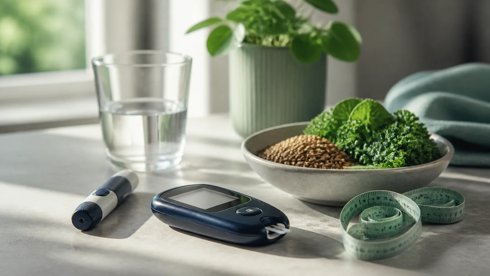 Photoreal editorial still life on a pale stone kitchen counter: a blood glucose meter with a lancet