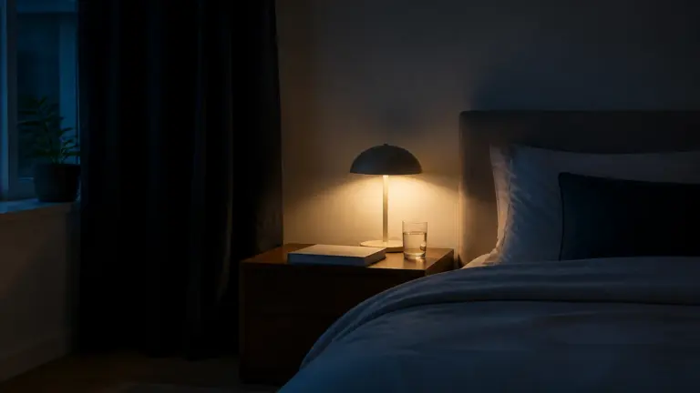 Photorealistic editorial hero image of a calm minimalist bedroom at night