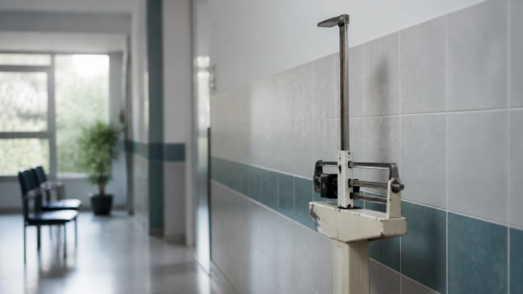 Mechanical column scale with its sliding height rod raised, standing against a tiled clinic corridor wall