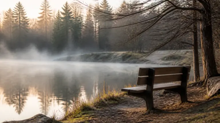 Photoreal editorial hero image of an empty wooden bench beside a still pond at dawn, thin mist drifting over the water