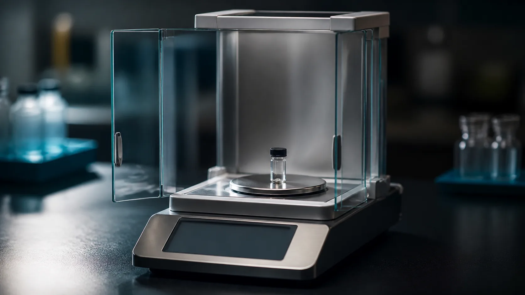 Analytical balance with its glass draft shield open and a tiny sample vial on the weighing pan, brushed steel and dark bench