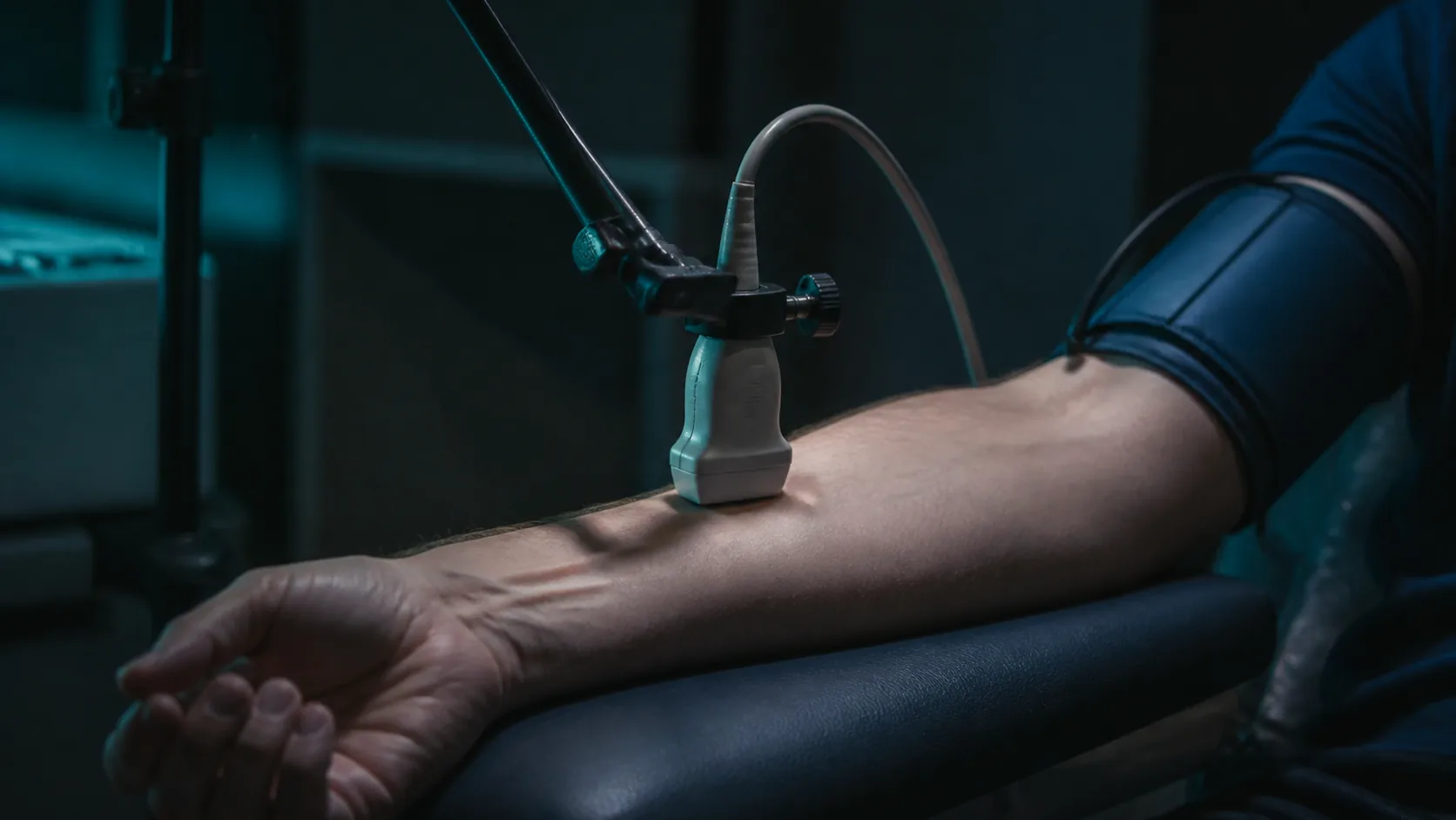 Linear ultrasound probe held in a clamp above a forearm resting on a padded armrest