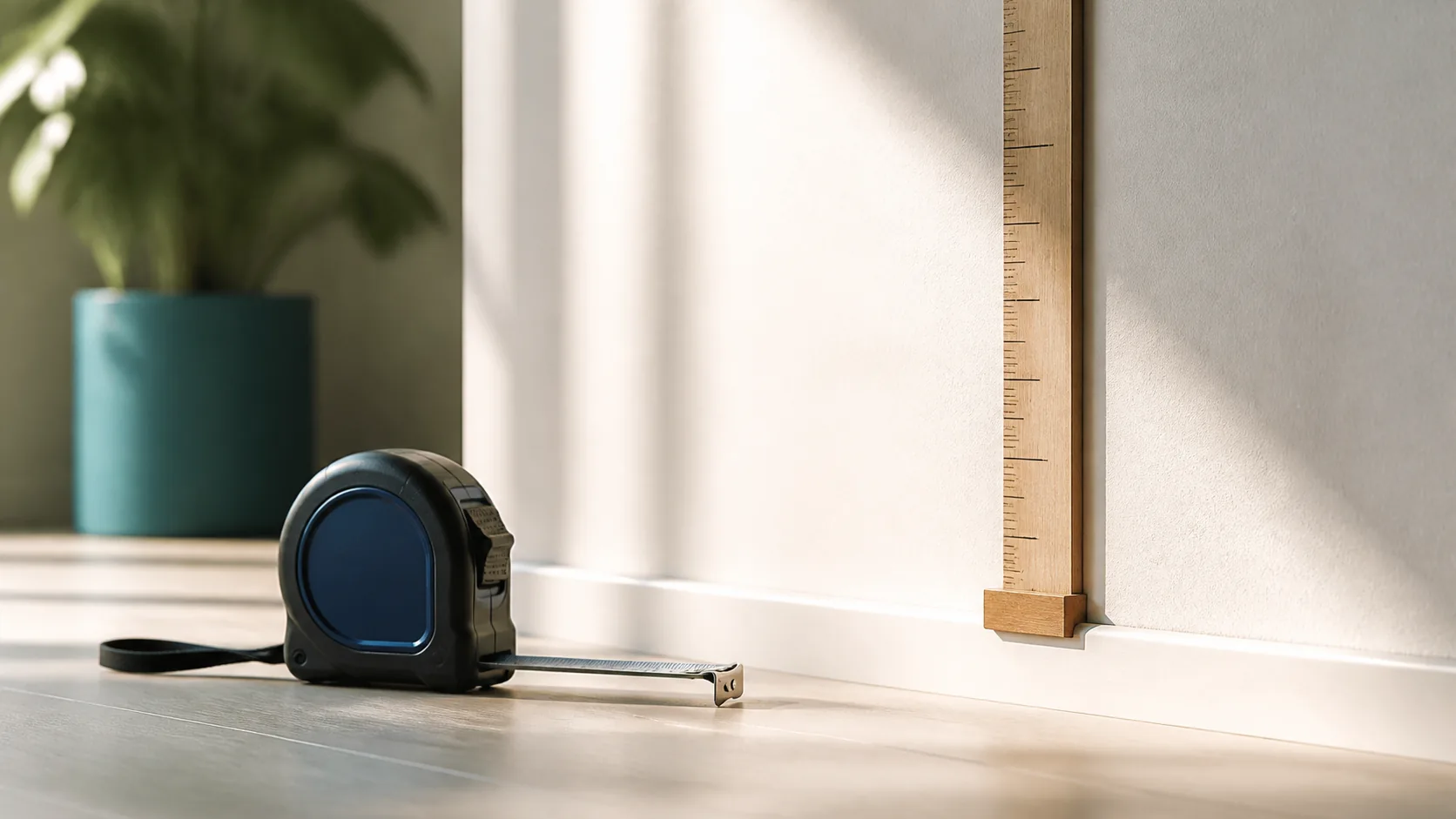 Retractable steel tape measure lying on a pale wooden floor at the foot of a wall-mounted height rule