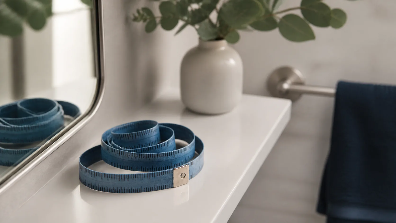 Soft cloth tailor's tape measure coiled loosely on a white bathroom shelf beside the edge of a mirror