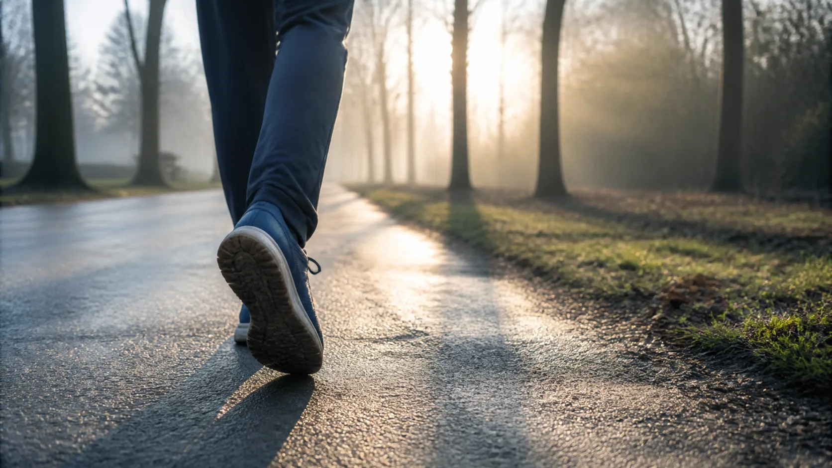 Photoreal editorial image of a lone walker's legs mid-stride on a damp park path in soft early-morning light