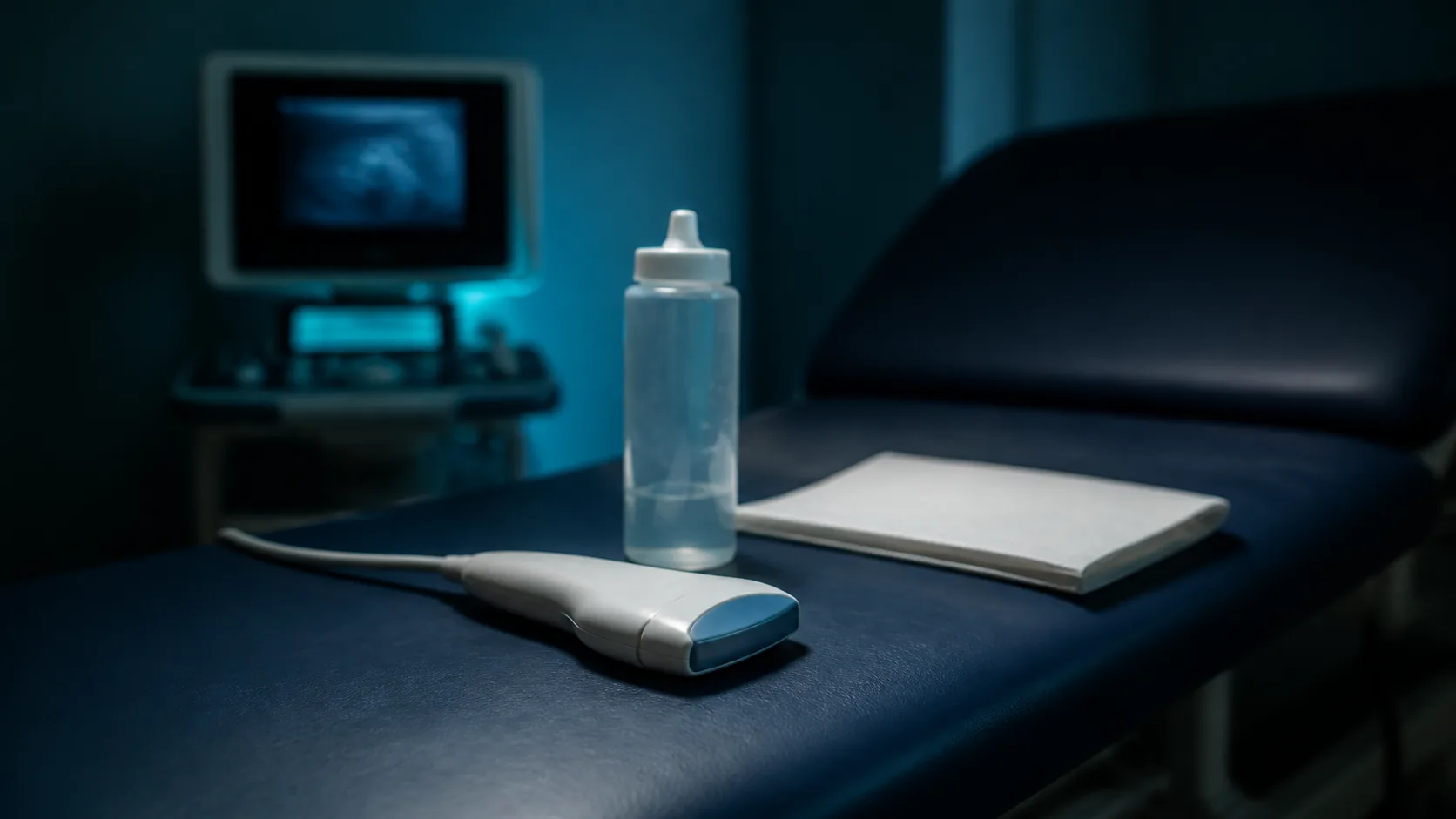 Elastography ultrasound probe resting on a clinic couch with a bottle of coupling gel and a folded paper sheet