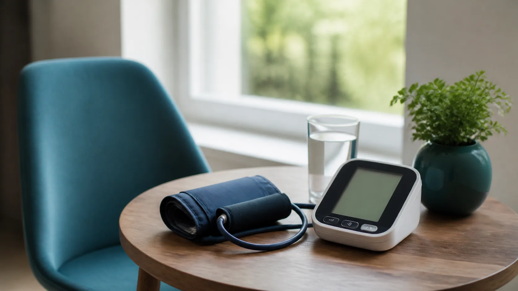 Validated upper-arm blood pressure monitor and its cuff on a small table beside an upright dining chair