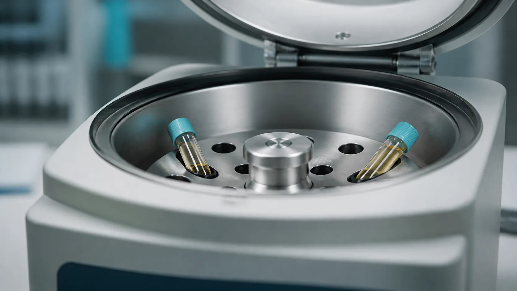 Two serum tubes seated opposite each other in the rotor of an open benchtop centrifuge, lid raised