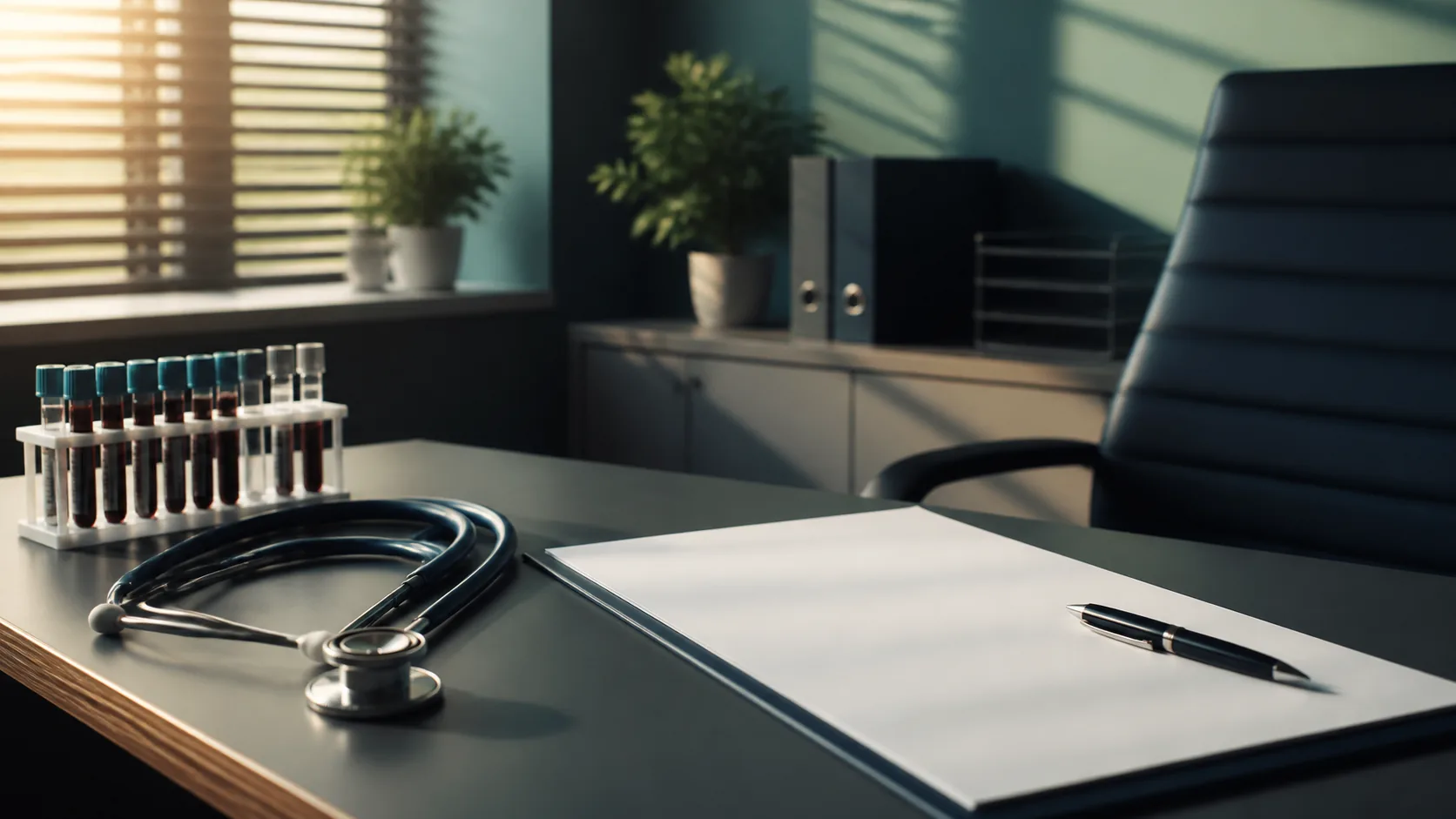 Consulting room desk with a blank paper form, a pen and a small rack of blood tubes beside a stethoscope