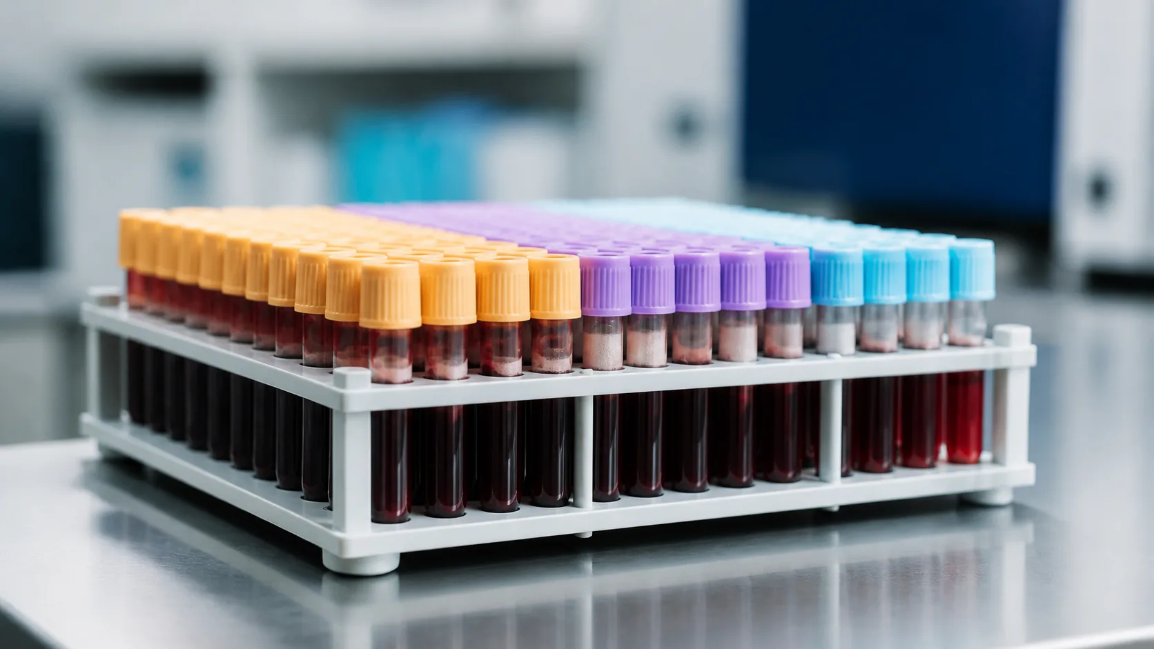 Full laboratory rack of blood collection tubes with assorted colored caps, gold, lavender and pale blue