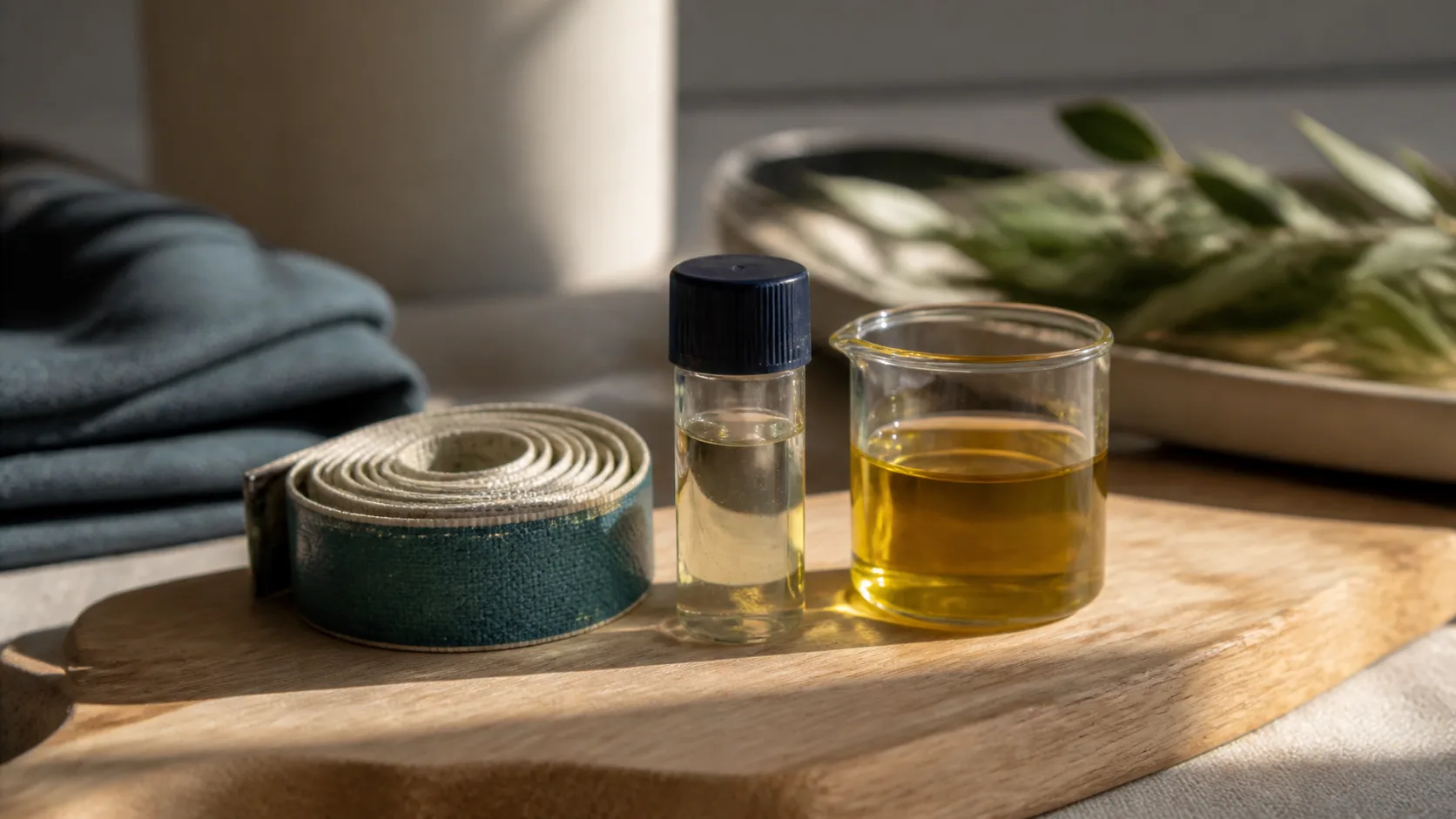 Cloth tape measure coiled beside a capped serum tube and a small glass beaker of golden oil on a pale wooden board