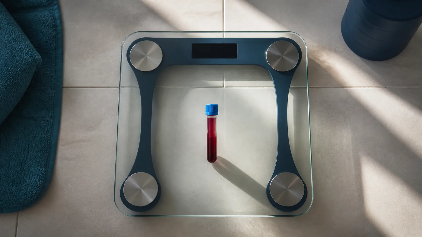 Digital bathroom scale on pale tiles with a single capped blood tube standing on its glass platform, top-down