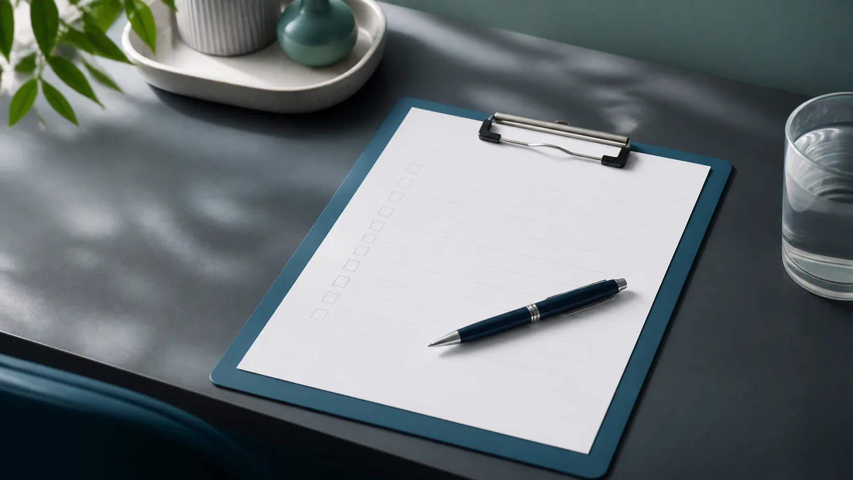 Blank paper symptom checklist on a clipboard with a ballpoint pen resting across it on a clinic desk