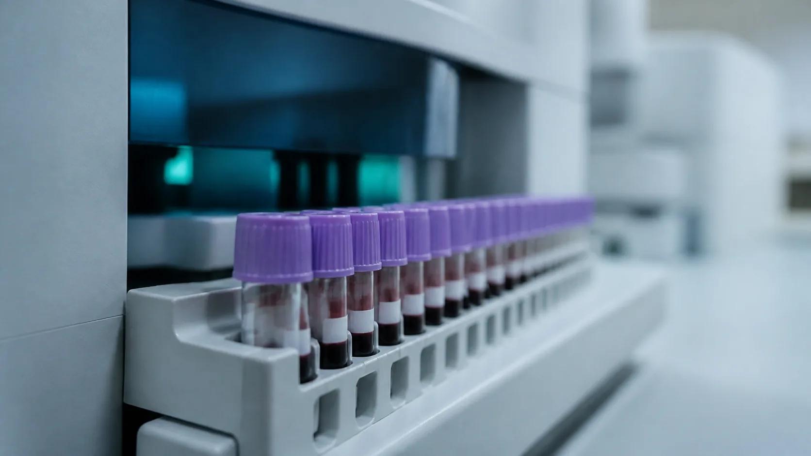 Hematology analyzer's sample tray loaded with lavender-capped tubes, the instrument casing pale grey, cold laboratory light