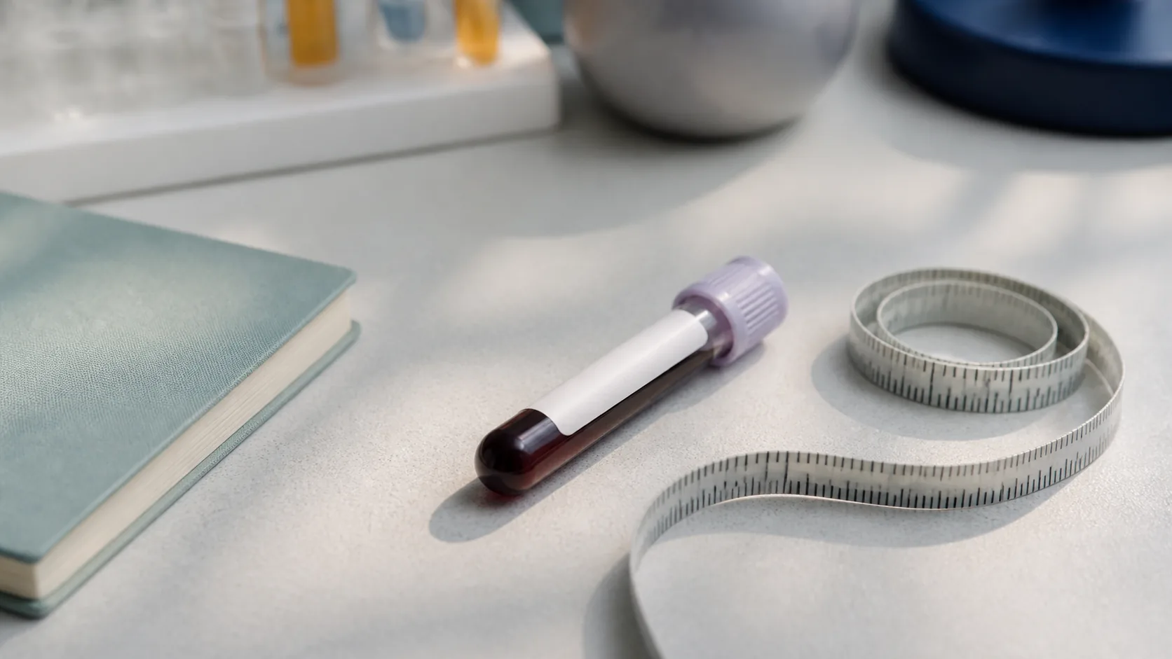 Pale grey laboratory bench with a lavender-capped blood tube, a cloth tape measure and a small notepad, arranged loosely