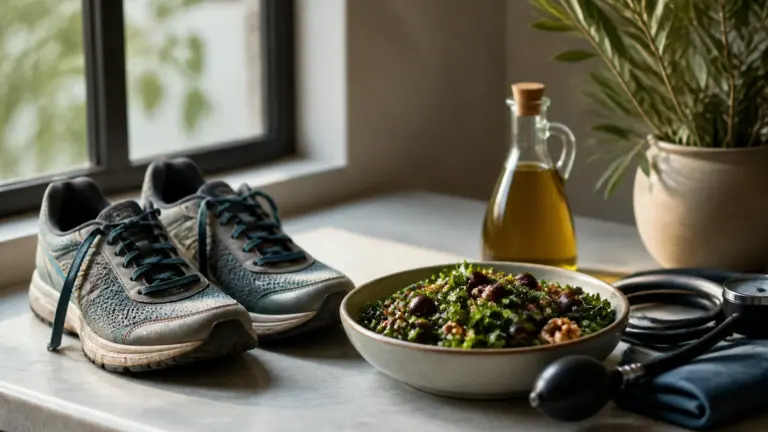 Photoreal editorial still life on a pale stone kitchen counter beside a sunlit window: worn running shoes