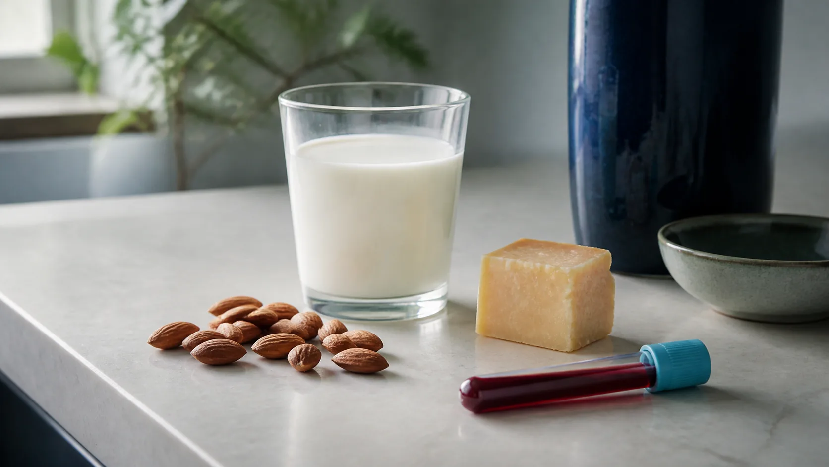 Glass of milk, a scattering of almonds and a small block of hard cheese on a pale stone counter beside a capped blood tube