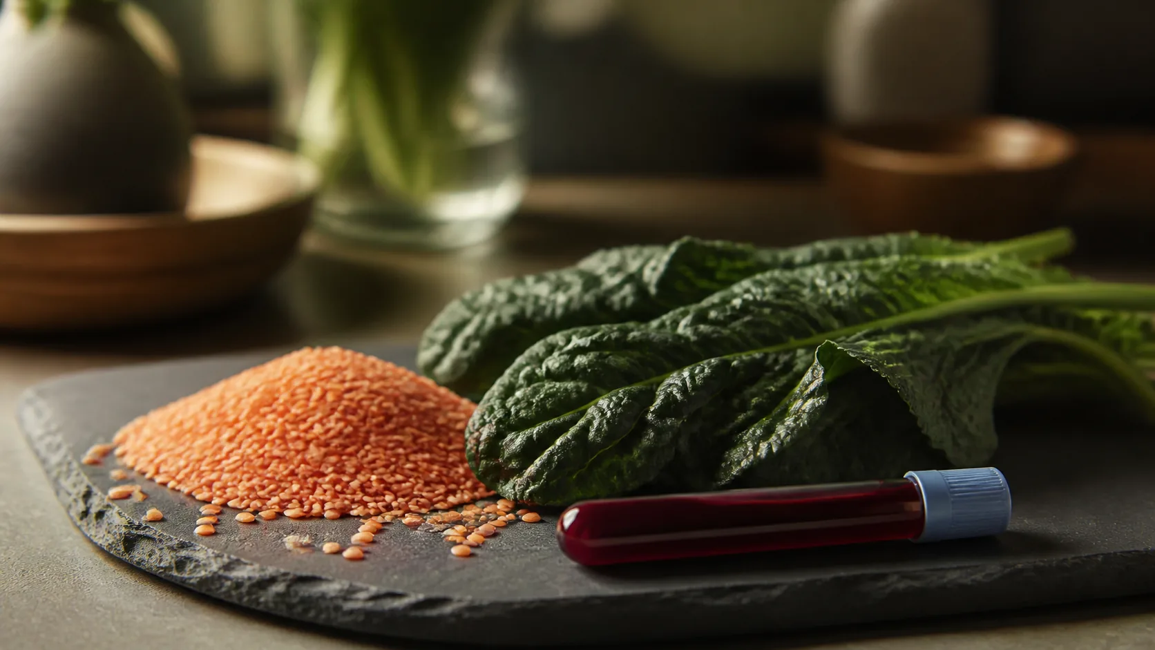 Small heap of dried red lentils and a handful of dark leafy greens on a slate board beside a single capped blood tube