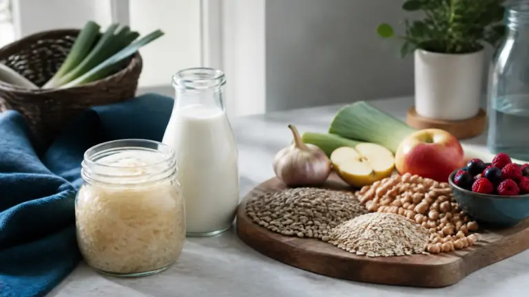 Photoreal editorial still life of a glass jar of sauerkraut and a bottle of kefir beside a wooden board of lentils, chickpeas