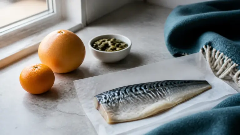 Photoreal editorial still life on a pale grey stone counter: a small white bowl of pumpkin seeds, two whole citrus fruits